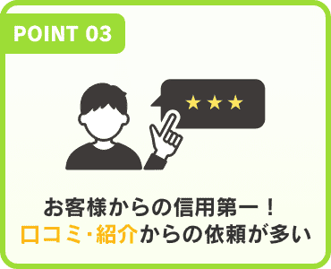 「POINT 03」お客様からの信用第一！口コミ･紹介からの依頼が多い